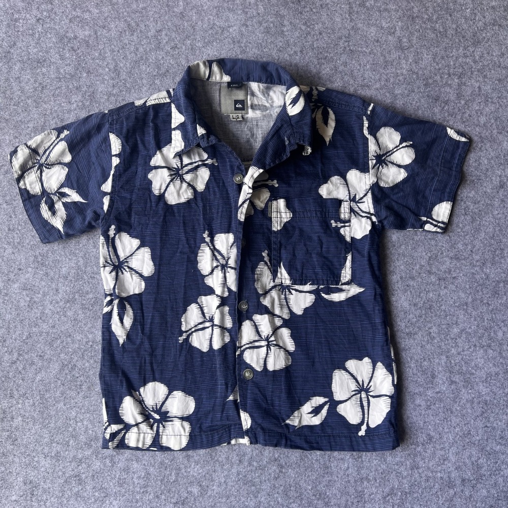 Quiksilver Hibiscus Button Down Shirt Kids Size 7 Blue Floral Cotton Blend